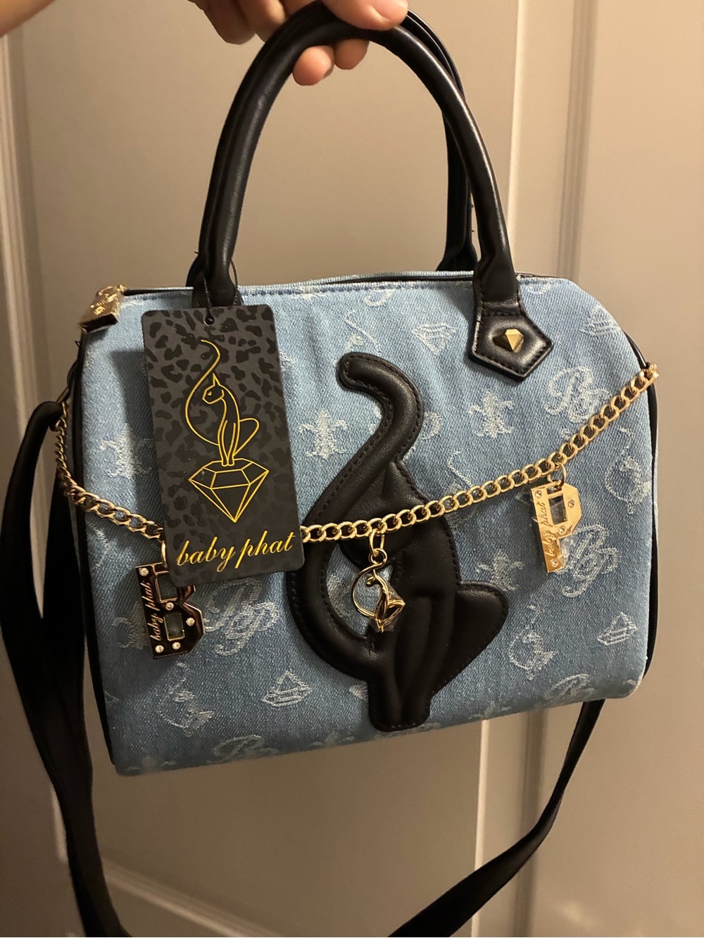 Baby Phat Light Blue Denim Satchel with Black Trim and Gold Accents